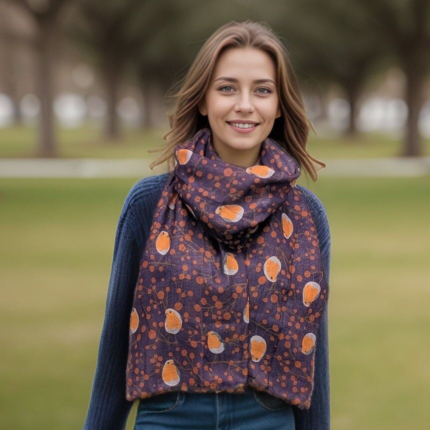 Bufanda de petirrojo con frutos rojos - Morado (70 x 180 cm) - Diseño exclusivo