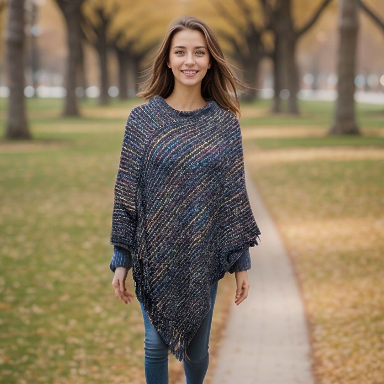 Catur - Poncho lavorato a maglia a righe - Nero