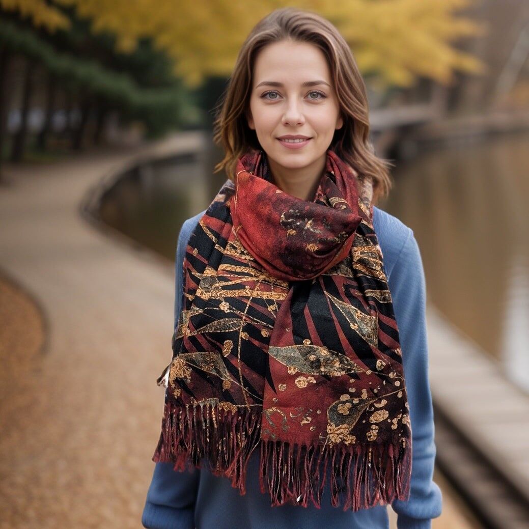 Kursi - Bufanda estilo pashmina con hojas doradas (70x180 cm) - Rojo