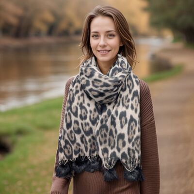 Kaja - Sciarpa soffice con stampa animalier (70x180cm) - Grigio