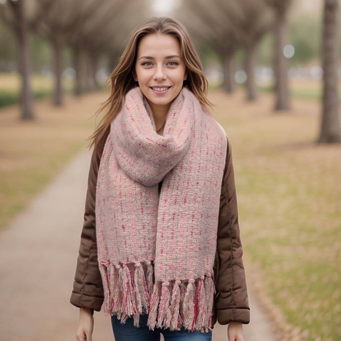 Bufanda de punto con lazos Lipah (40 x 180 cm) - Rosa
