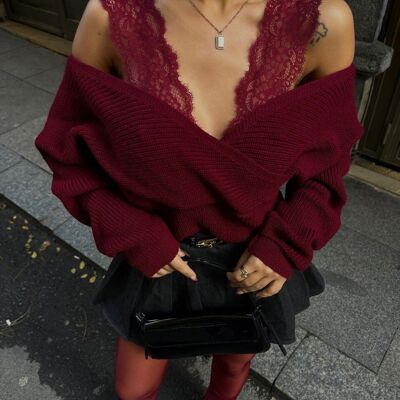 Jersey de punto de manga larga con cuello barco y tirantes de encaje - Burdeos