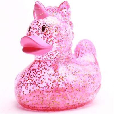Patito de goma rosa chillón con unicornio brillante