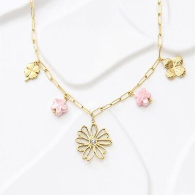 Collier Charm Fleur Doré avec Breloques Roses – Acier Inoxydable