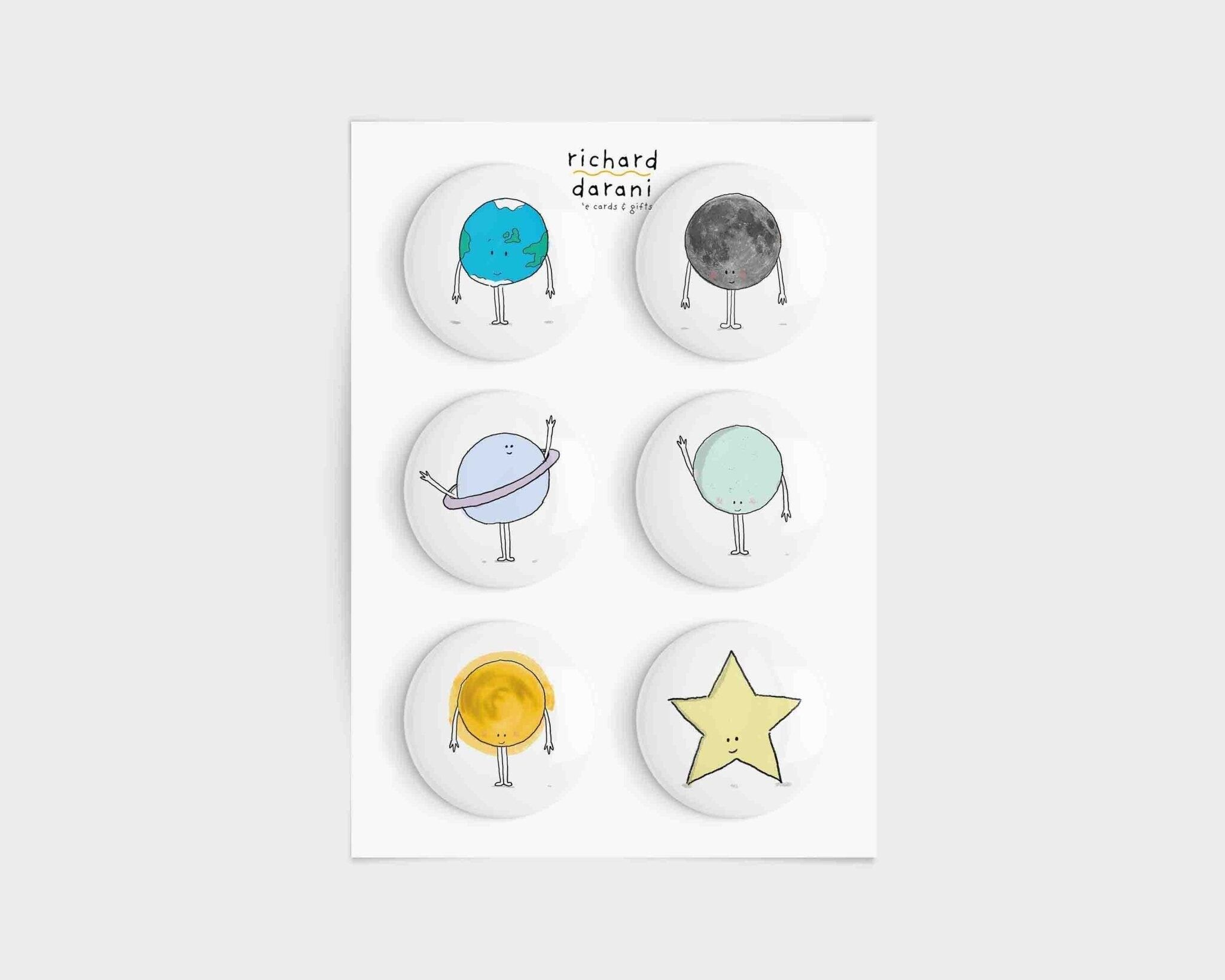 Niedliche Planeten-Kühlschrankmagnete – Set mit 6 handgepressten Designs