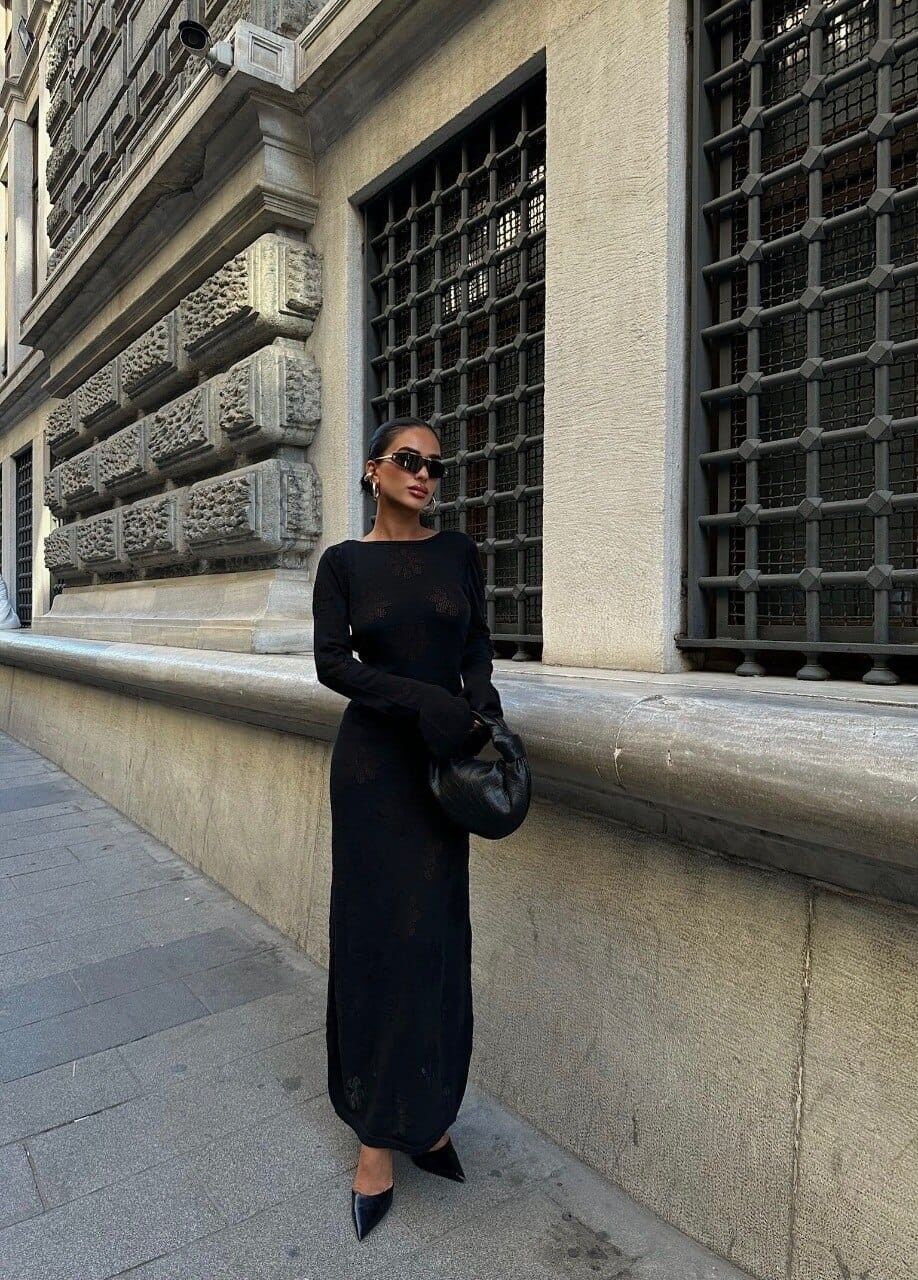 Abito lungo in maglia floreale - Nero