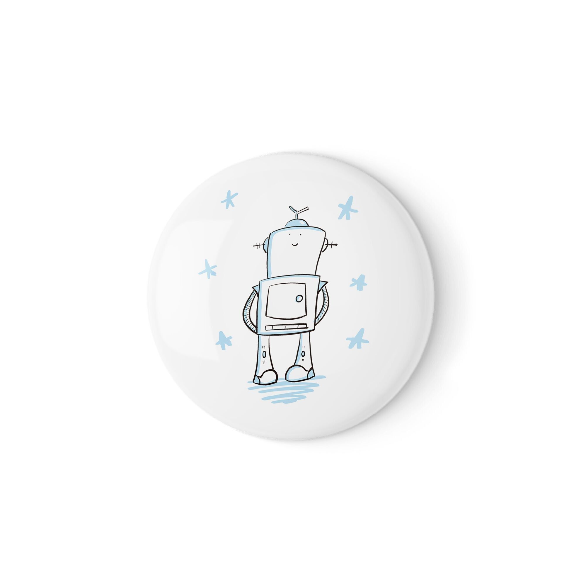 Happy Robot – Distintivo o magnete a forma di robot carino (38 mm o 58 mm)