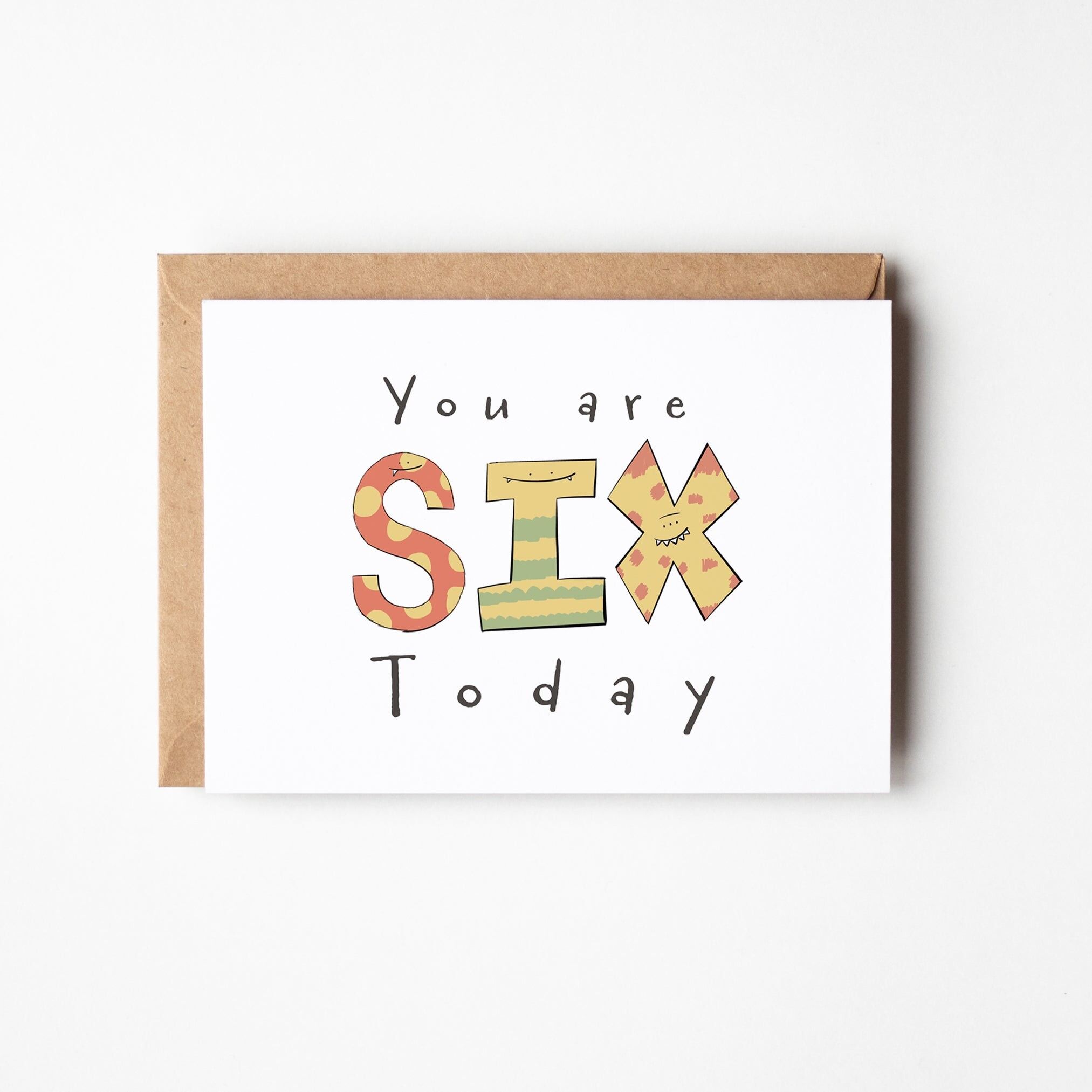 Oggi compi 6 anni – Biglietto di auguri di compleanno con mostro colorato