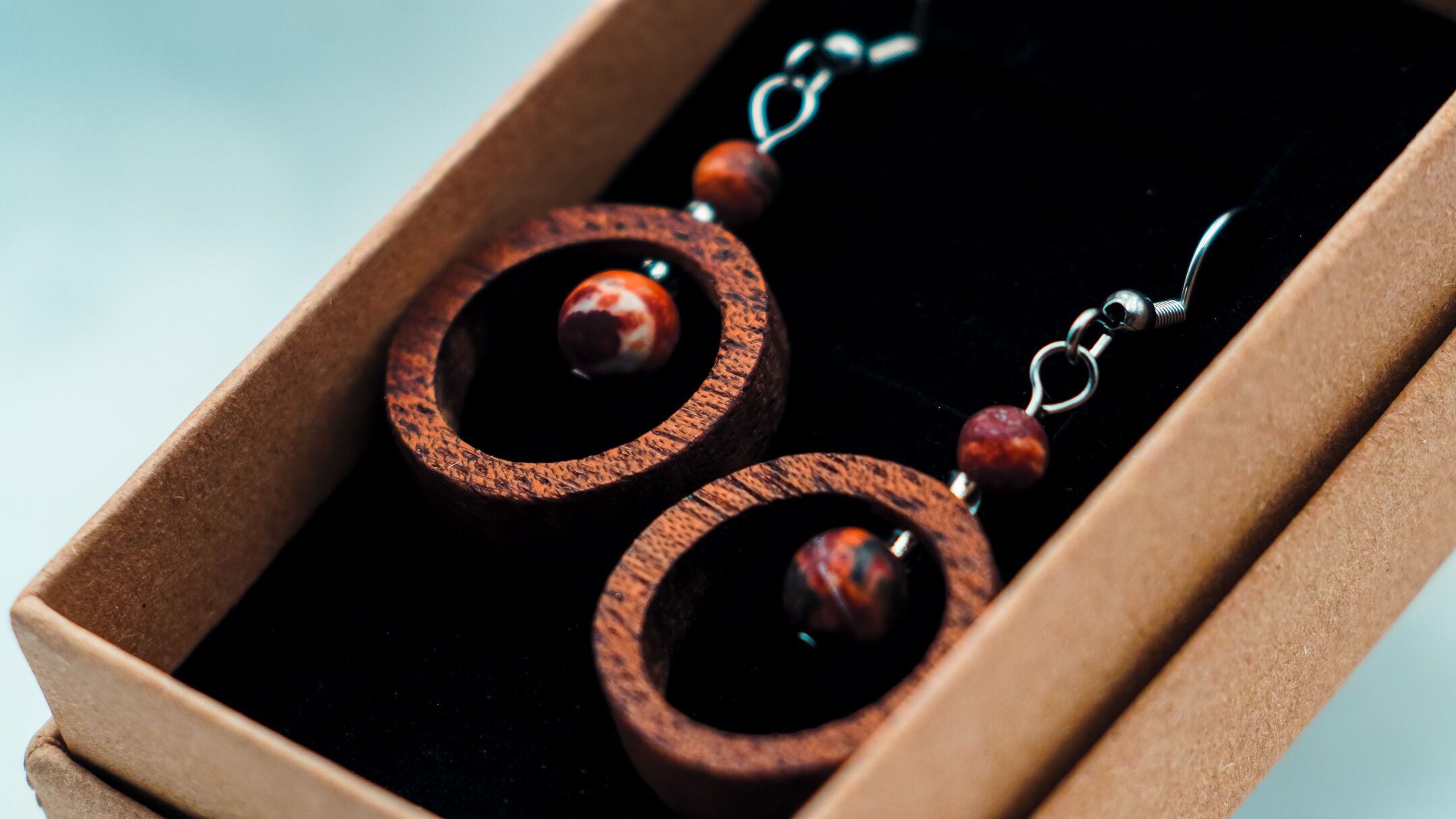 Mahogany wood and Leopard Jasper bead earrings.