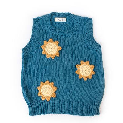Chaleco de punto azul con aplique de sol