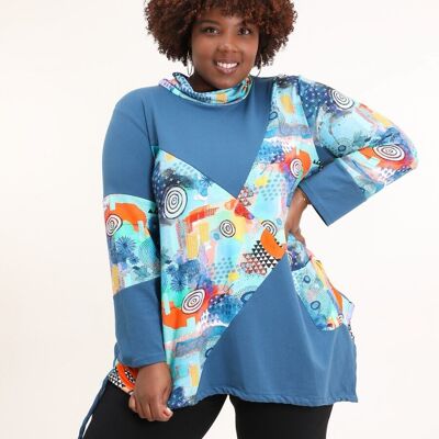 Maglietta dolcevita stampata blu taglie forti (T91756)