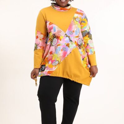 Maglietta dolcevita stampata gialla taglie forti (T91756)