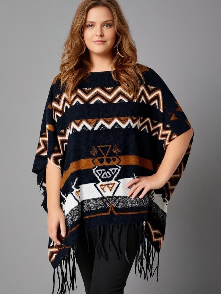 Mantella con frange di grandi dimensioni con motivo nero (T08012)