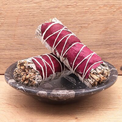 Bastoncino di salvia bianca con petalo di rosa 100 mm (set da 3 pezzi)