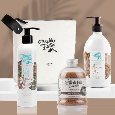 Geschenkset für 3 Körperbehandlungen – Körpermilch und Seife mit Mandel-Honig-Duft und Badesalz mit Vanille-Duft