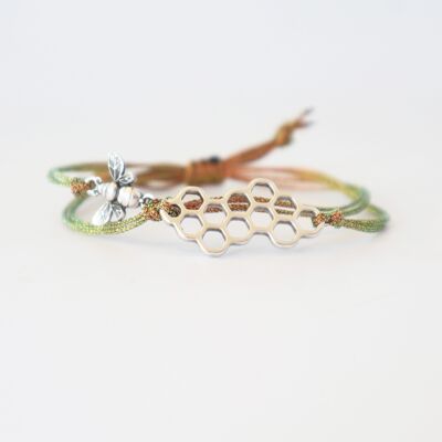 Verstellbares Doppelwabenarmband mit Biene, versilbert
