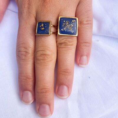 ANILLO CUADRADO BLAU M - ACERO INOXIDABLE Y PAN DE ORO - ENGASTE AJUSTABLE