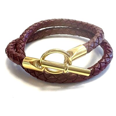 Pulsera de cuero estilo Hermes burdeos/oro