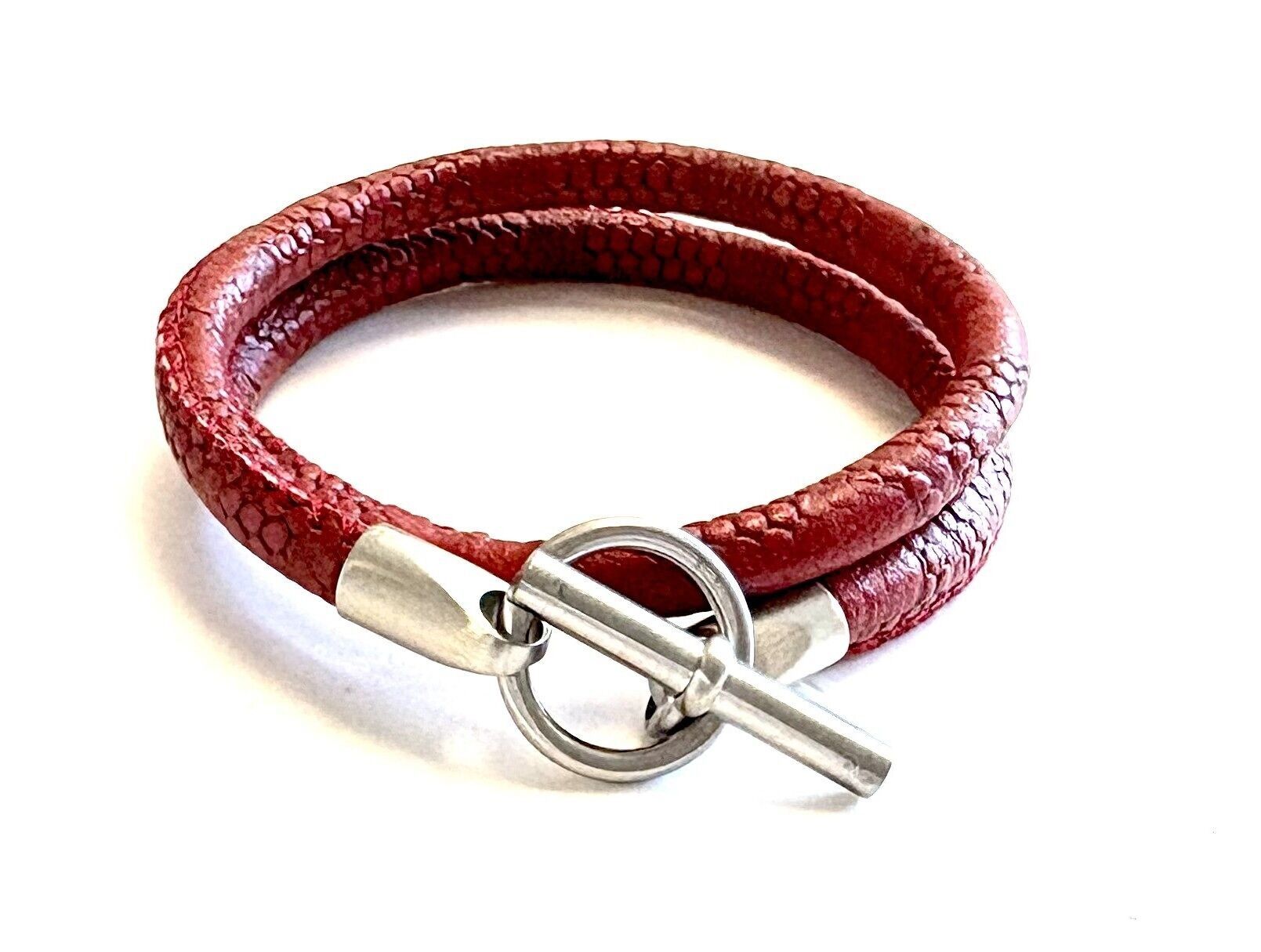 Pulsera de cuero estilo Hermes color vino tinto/acero