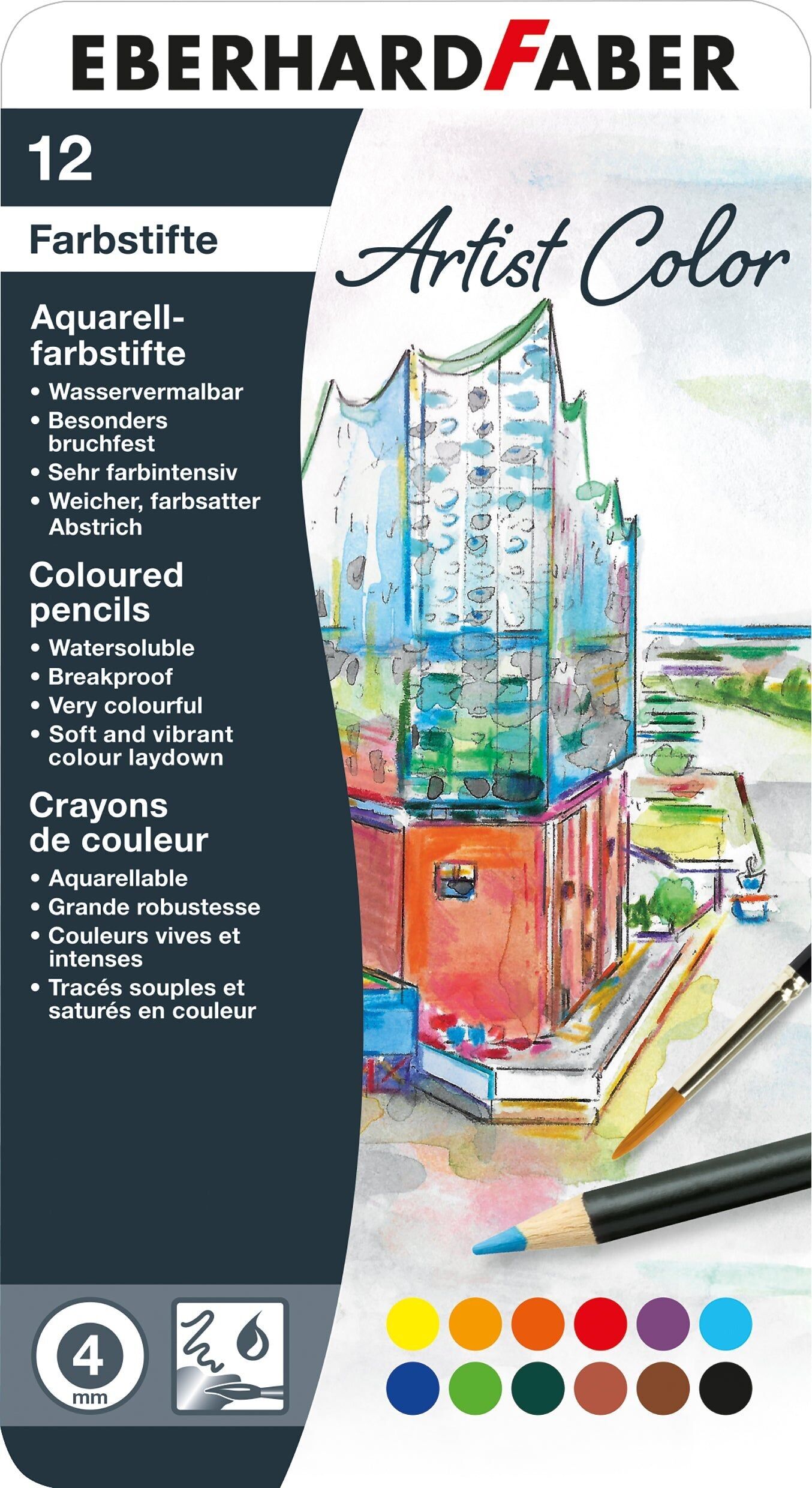 Eberhard Faber Artist Colour Aquarellstifte, 12er-Etui, Schreibwarenbedarf, Kunst, Schule, Künstler-Buntstift-Set, weicher Farbauftrag, Künstler, Schüler-Schreibwarenbedarf, Zeichnen, Malen
