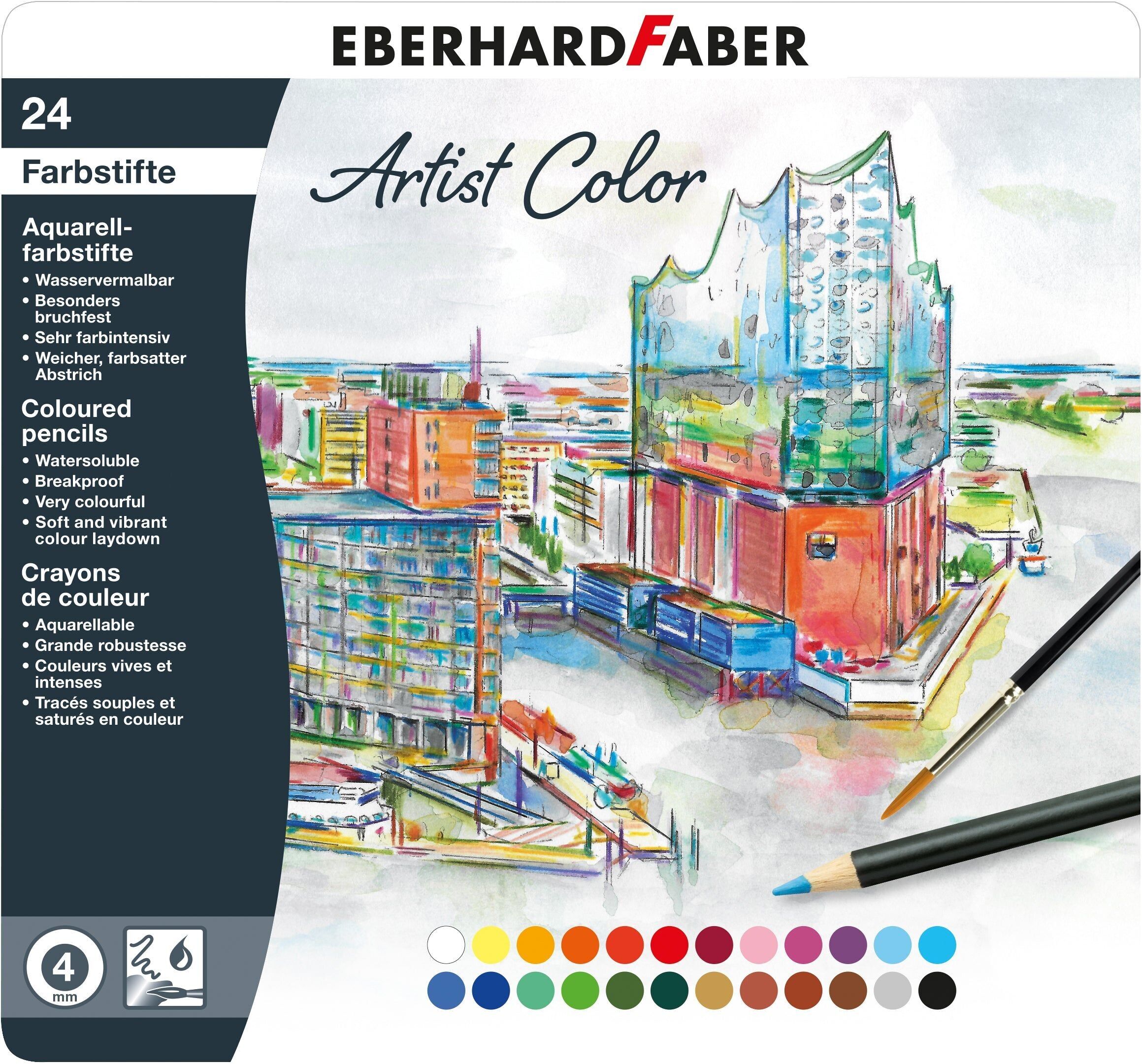Eberhard Faber Artist Colour Aquarellstifte, Dose mit 24 Stück, Schreibwarenbedarf, Kunst, Schule, Künstler-Buntstift-Set, weicher Farbauftrag, Künstler, Schüler-Schreibwarenbedarf, Zeichnen, Malen