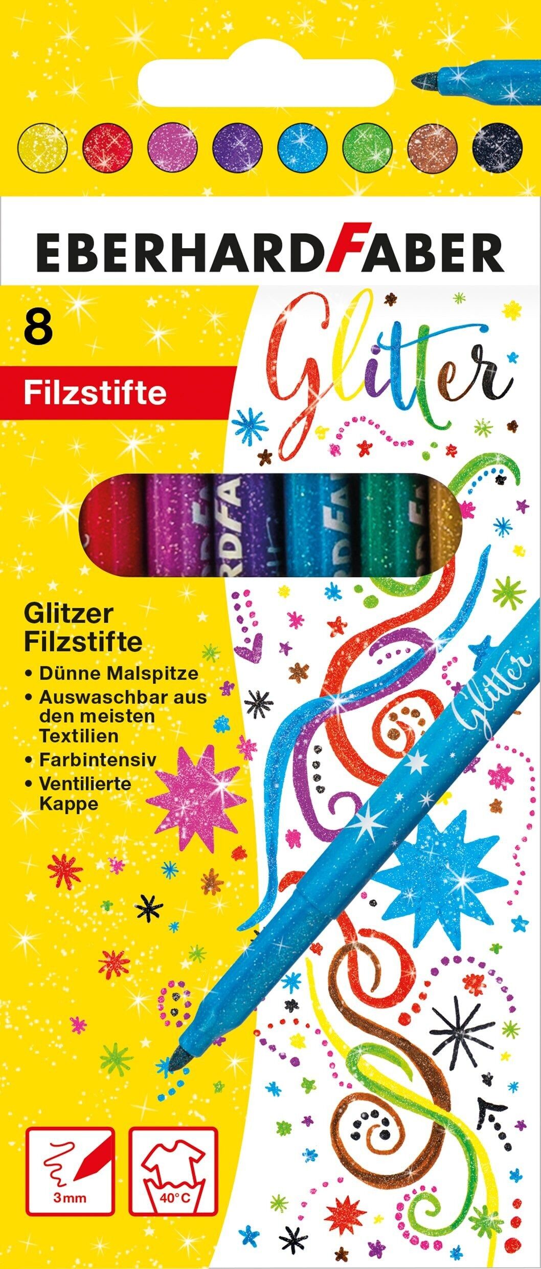 Eberhard Faber Glitzer-Filzstifte, Kartonschachtel mit 8 Farben, glitzerndes Buntstifte-Set, Schreibwarenbedarf zum Basteln, Malen, Zeichenstifte, Glitzer-Textmarker, Marker, Schulbedarf für zu Hause