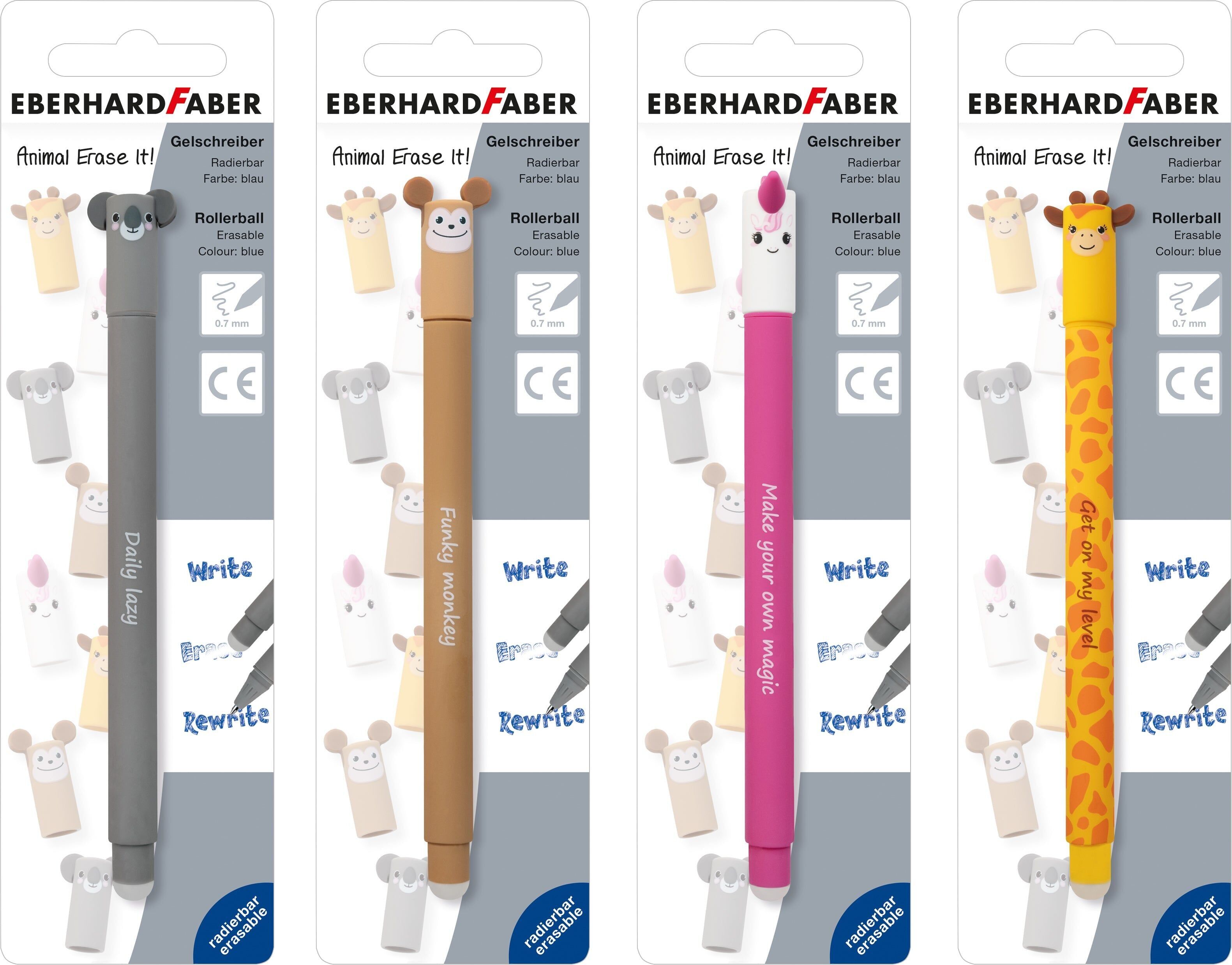 Eberhard Faber Animal Erase It! Stifte, 6 Blisterkarten, 4 Designs, Schreiben, blaue Tinte, 0.7 mm Strichstärke, nachfüllbare Schreibstifte, mit Radiergummi, Handschrift-Schreibwarenbedarf, blau gefärbte Tintenstifte