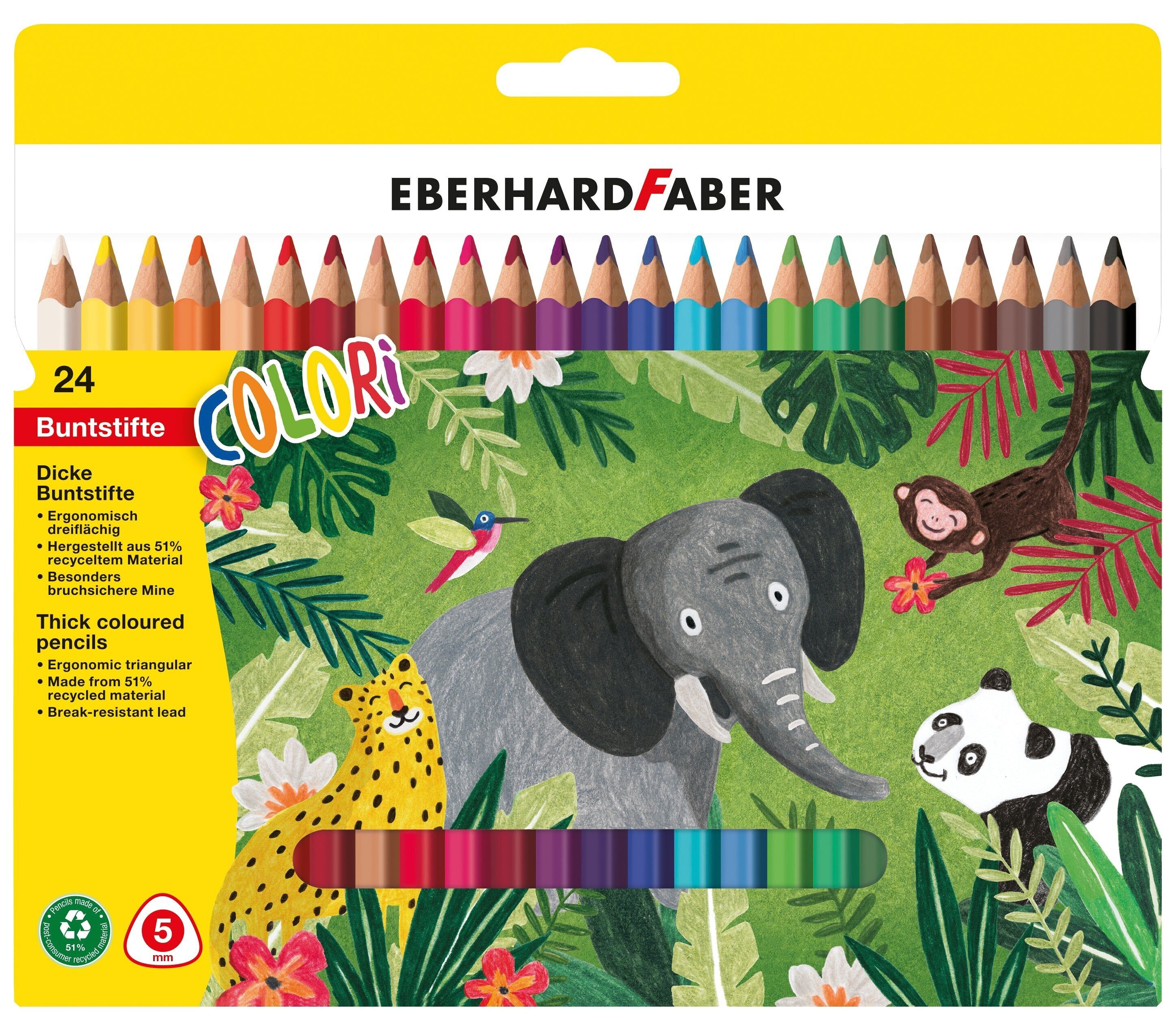 Eberhard Faber Buntstifte Colori Jumbo-Box mit 24 Stück, dicke Buntstifte, wasserfest, holzfrei, Mine mit 5 mm Durchmesser, bruchfeste Mine, kleine Geschenke, Partytütenfüller.Malzubehör
