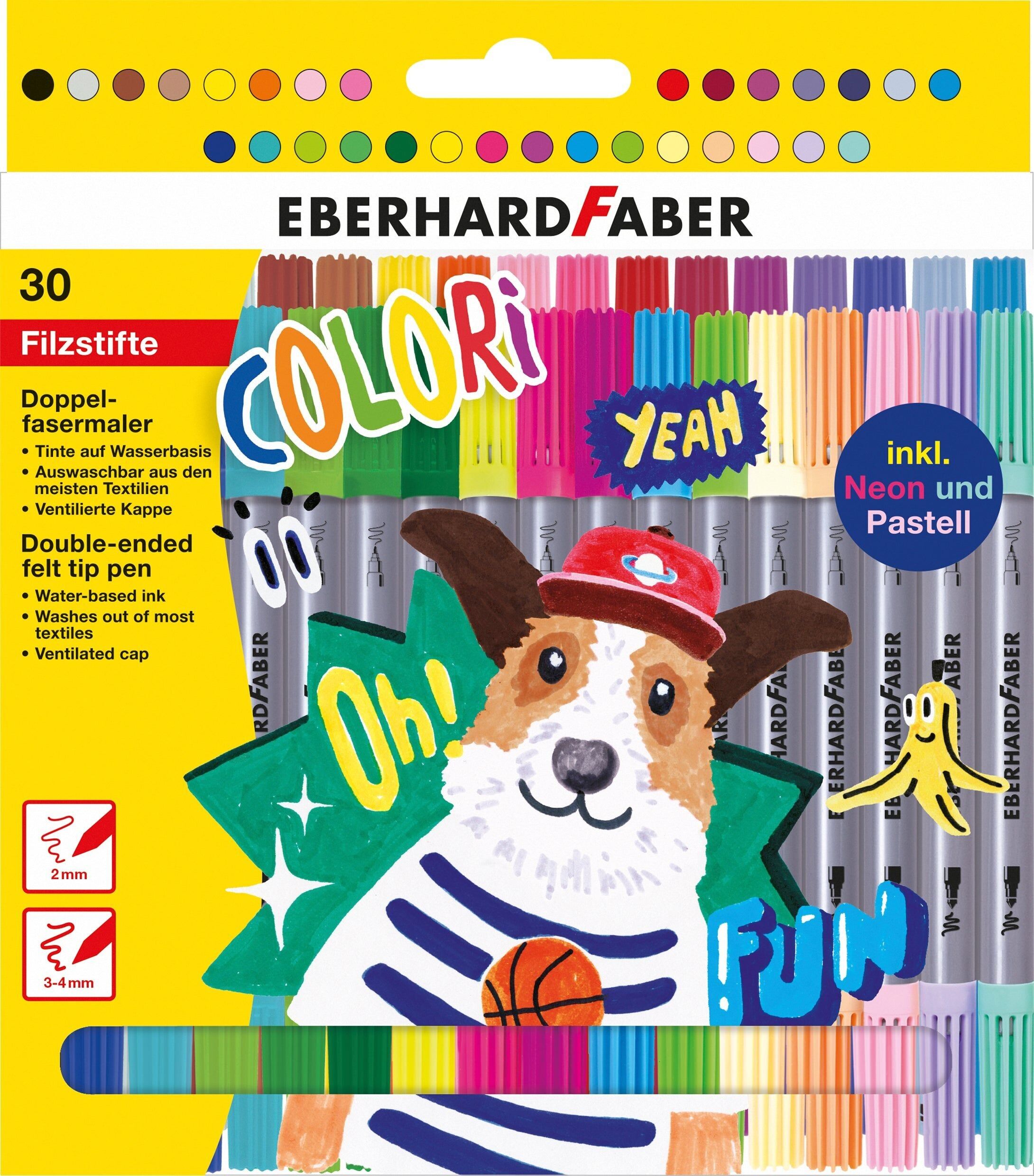 Feutres Eberhard Faber Colori Double, 30 feutres de coloriage, école, feutres de couleur pour l'écriture manuscrite, pointe large pour un coloriage rapide, pointe fine pour des lignes fines et des détails précis, fournitures de coloriage essentielles