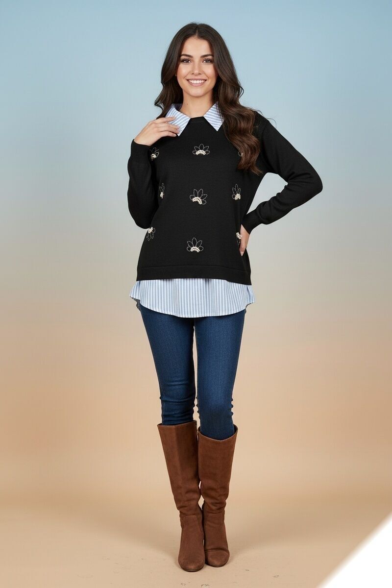 Suéter suave y liso con cuentas y cuello camisero integrado - H2618 - Lusa Mode