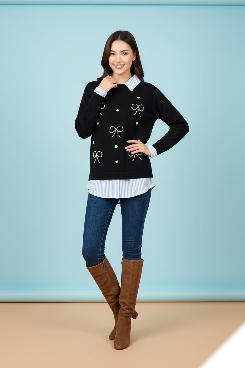 Suéter suave y liso con cuentas y cuello camisero integrado - H2619 - Lusa Mode