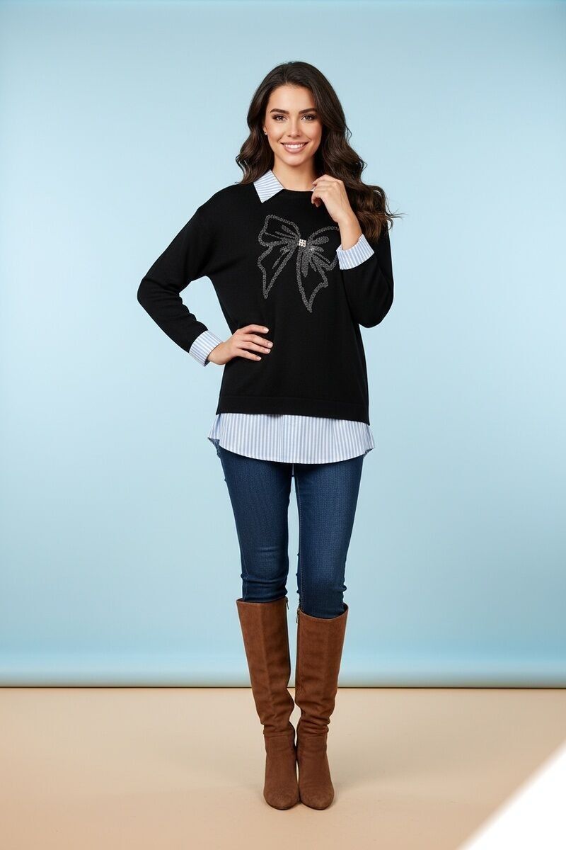 Suéter suave de cuentas lisas con motivo de mariposa y cuello camisero integrado - H2621 - Lusa Mode