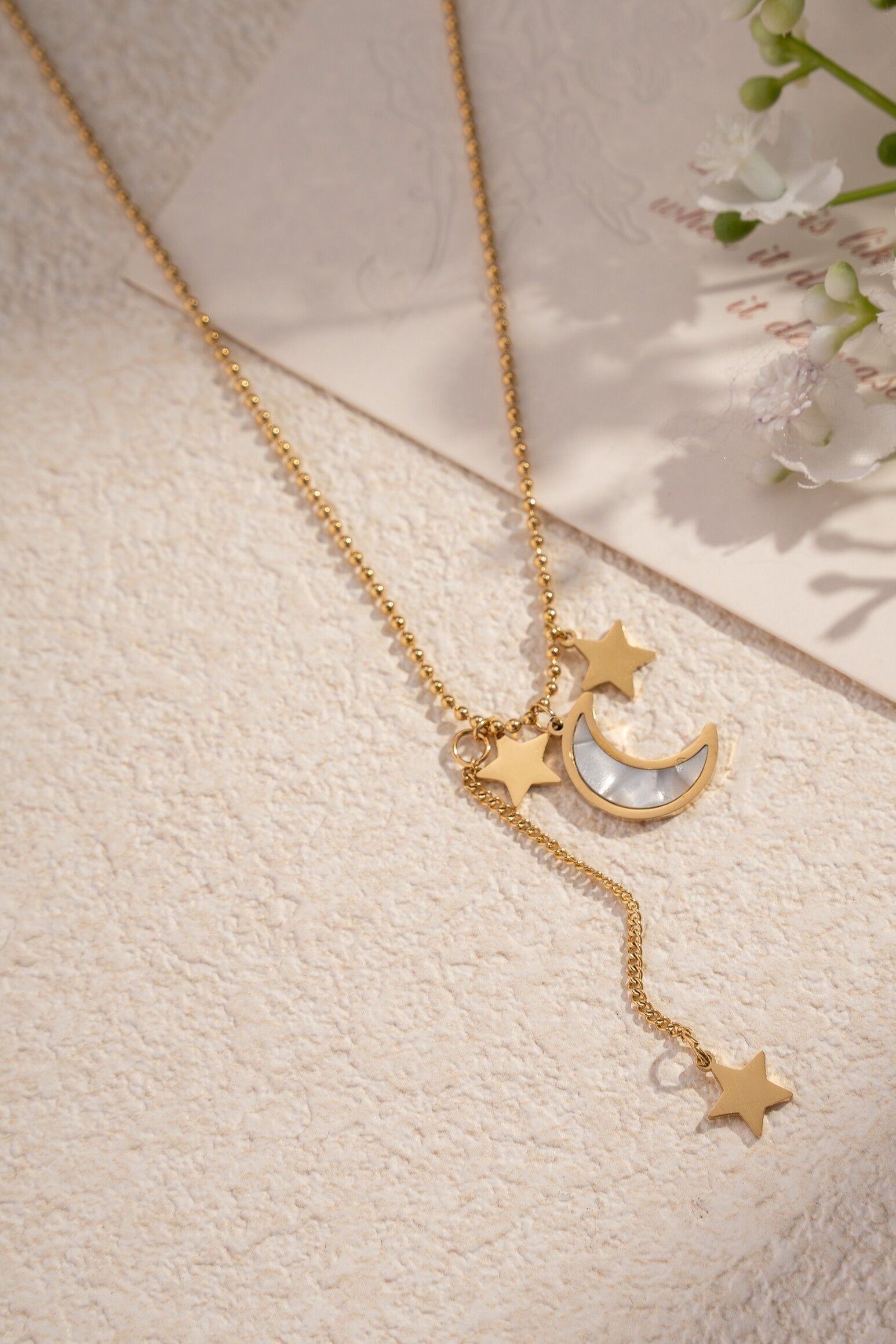 Gold moon star charm necklace in stainless steel