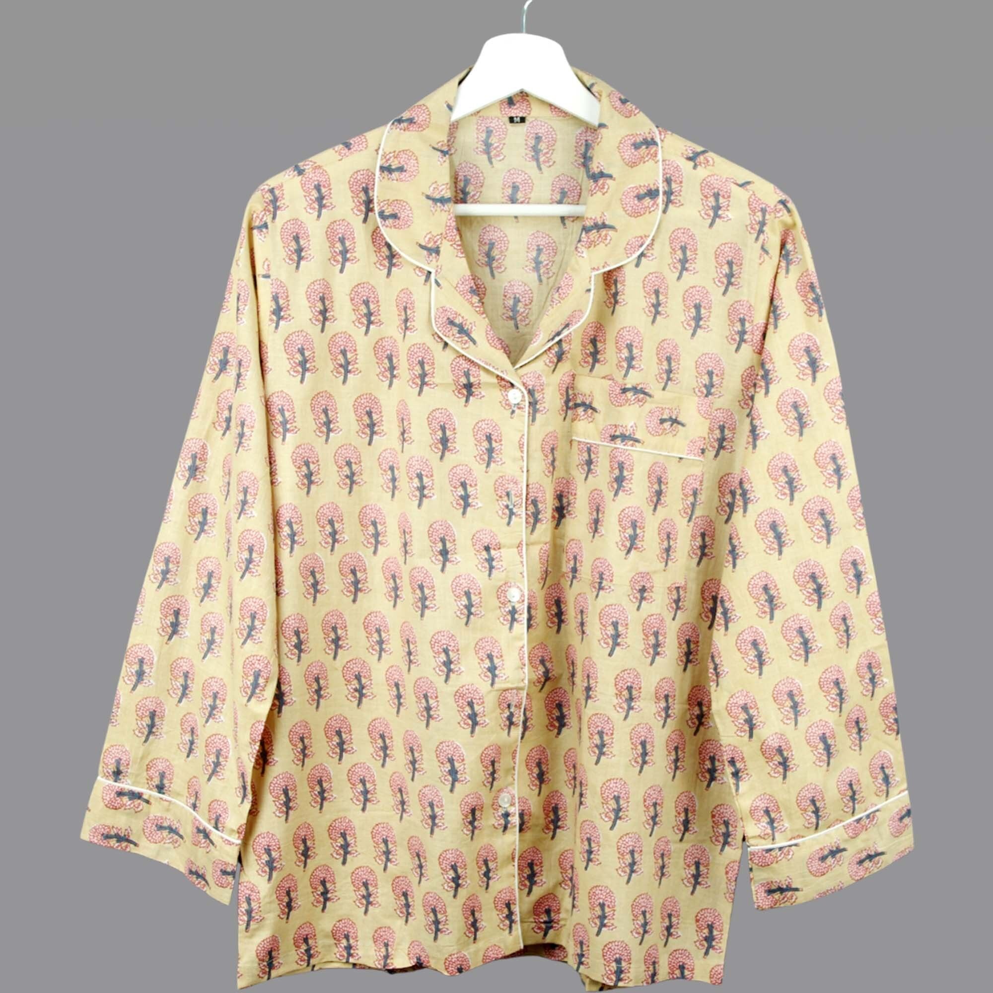 Pijama largo de algodón con bolsa - Floral rosa sobre beige