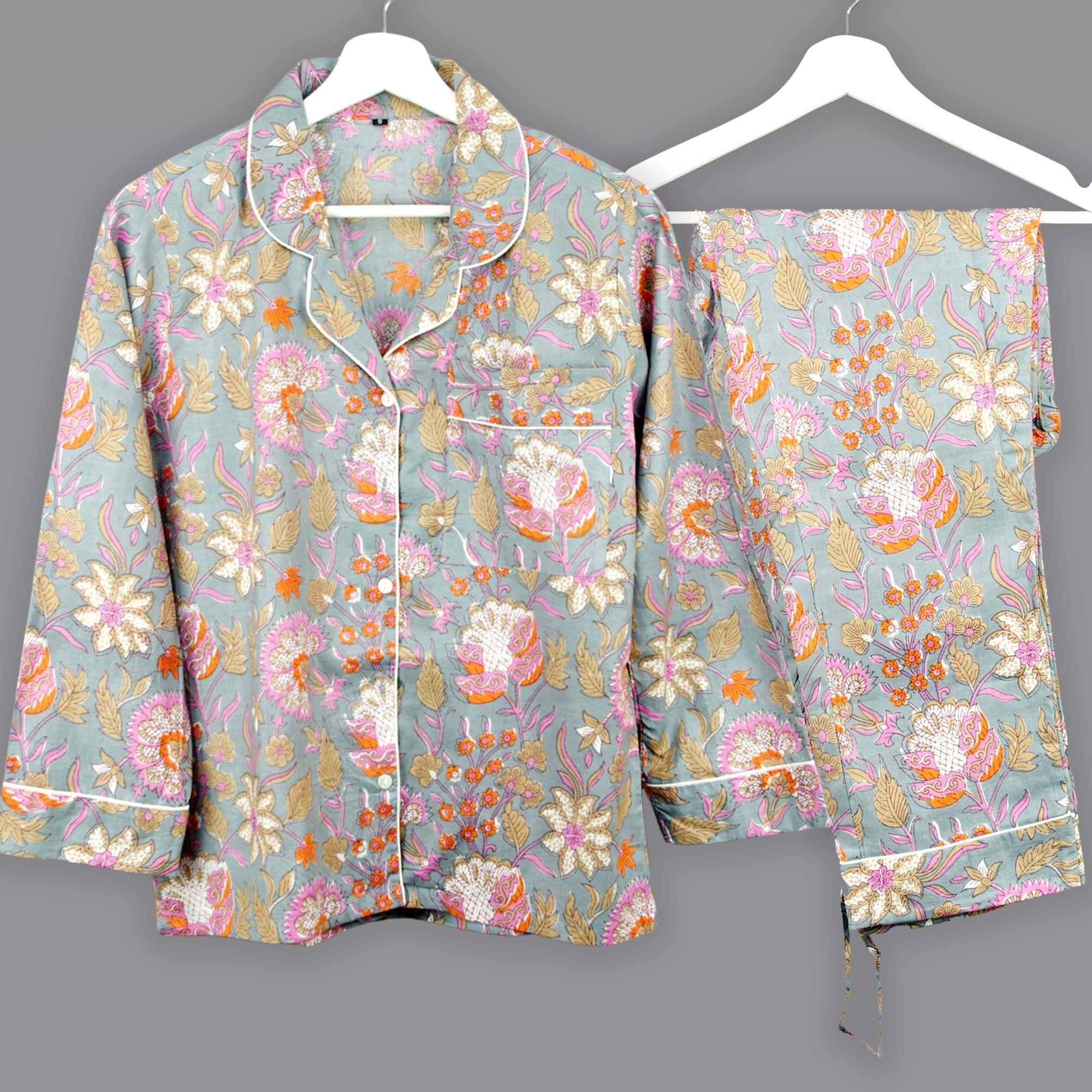 Pijama largo de algodón con bolsa - Gris con flor rosa y naranja