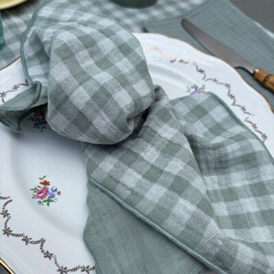 2 Serviettes de Table en Double Gaze de Coton – Vichy Vert de Gris – 40x40 cm