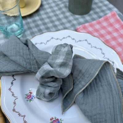 2 Serviettes de Table en Double Gaze de Coton – Uni Vert de Gris – 40x40 cm