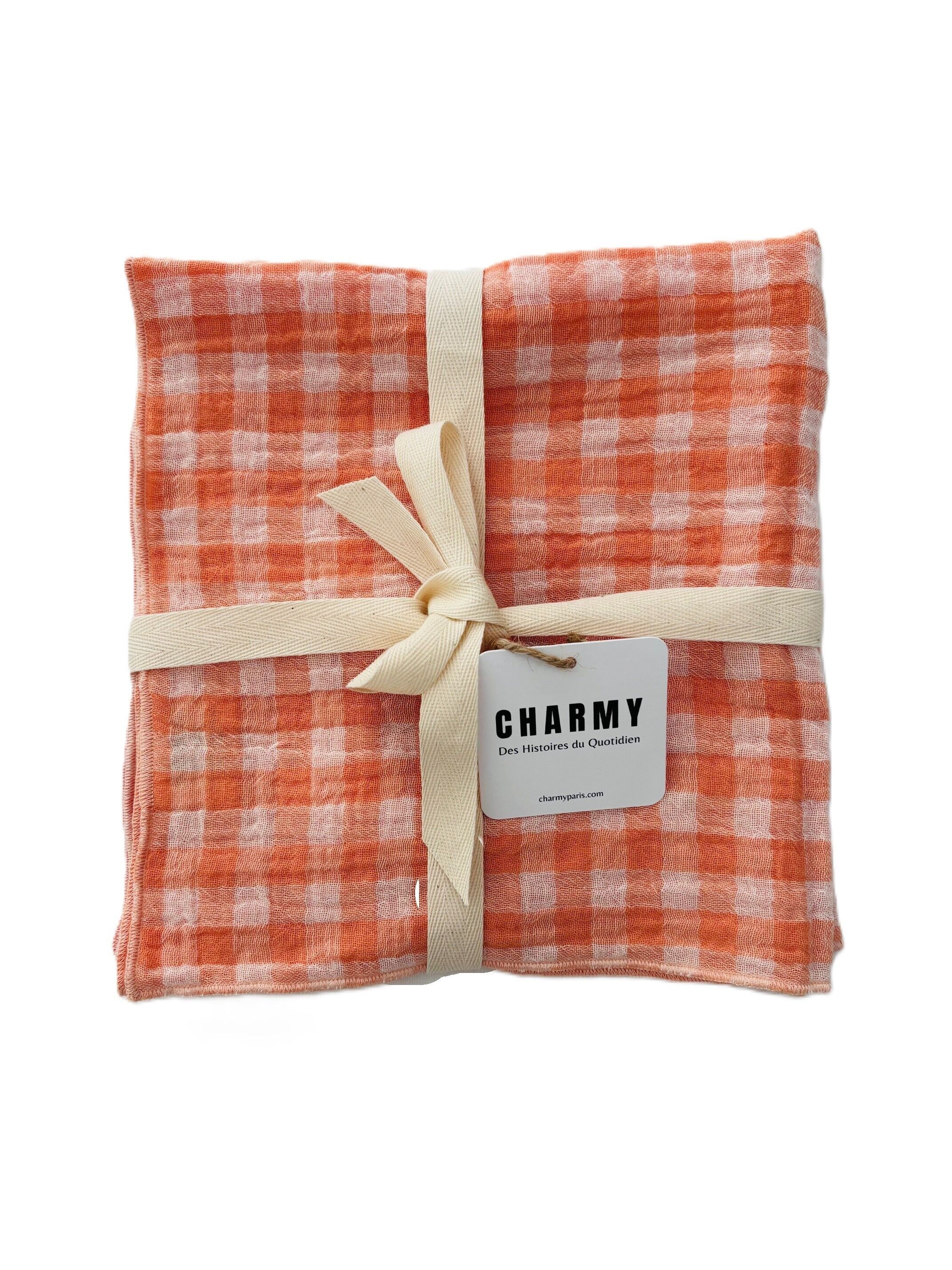 2 Serviettes de Table en Double Gaze de Coton – Vichy clémentine – 40x40 cm