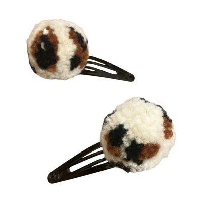 fermagli per capelli sostenibili pom pom 2x - leopardo - lana morbida - fatti a mano in Nepal