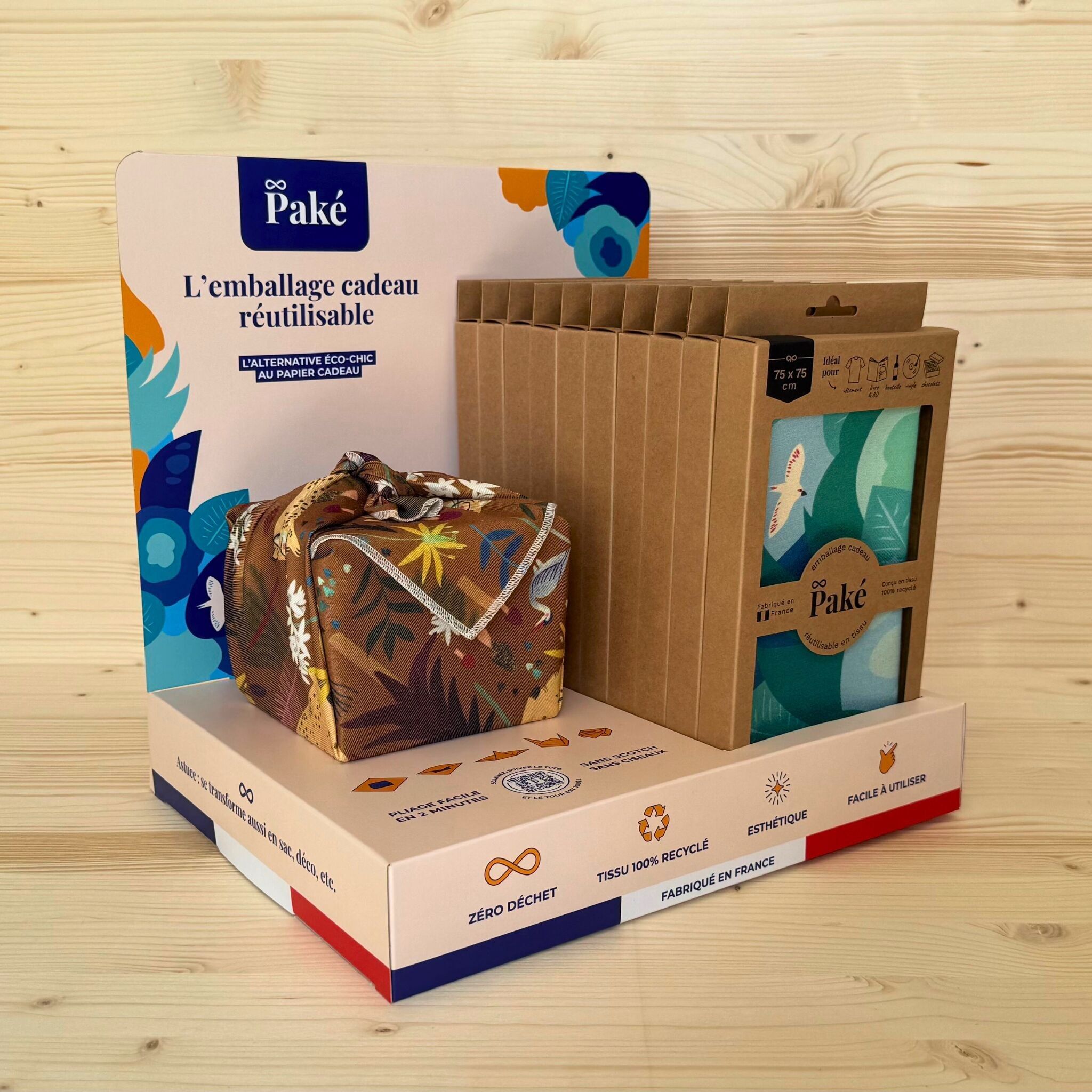 Pack Découverte 60 emballages cadeaux réutilisables - 6 motifs et 3 tailles (PLV et produit démo inclus)