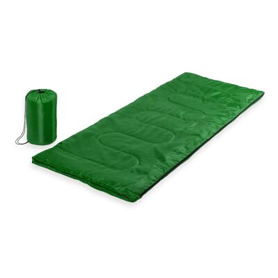 SAC DE COUCHAGE VERT EN MATÉRIAU SOUPLE AVEC REMBOURRAGE INTÉRIEUR ÉPAIS. AVEC ZIP À OUVERTURE COMPLÈTE INTÉRIEURE/EXTÉRIEURE.