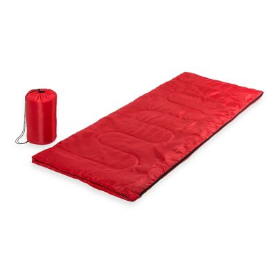 SAC DE COUCHAGE ROUGE EN MATÉRIAU SOUPLE AVEC REMBOURRAGE INTÉRIEUR ÉPAIS. AVEC ZIP À OUVERTURE COMPLÈTE INTÉRIEURE/EXTÉRIEURE.