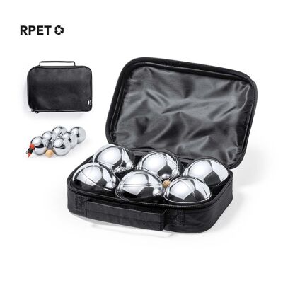 JEU DE PÉTANQUE DE HAUTE QUALITÉ. COMPRENANT 6 BOULES EN MÉTAL, 1 PETITE BOULE EN BOIS ET UNE CORDE DE MESURE. ENSEMBLE PRÉSENTÉ DANS UN ÉTUI RPET RÉSISTANT DE COULEUR NOIRE, AVEC POIGNÉE DE TRANSPORT ET FERMETURE ZIP ASSORTIE.