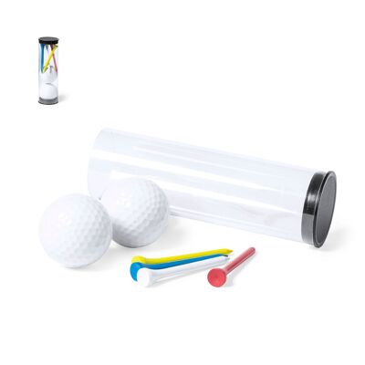 ENSEMBLE DE GOLF COMPLET AVEC 6 ACCESSOIRES. COMPRENANT 2 BALLES BLANCHES DOUBLE COUCHE ET 4 TES EN BOIS PEINTS EN JAUNE, BLEU, BLANC ET ROUGE.