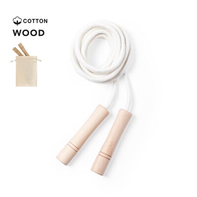 CORDE À SAUTER EXTRA LONGUE (3 MÈTRES) EN COTON EN FINITION NATURELLE. AVEC DES POIGNÉES ERGONOMIQUES EN BOIS DE HÊTRE DURABLE ET PRÉSENTÉ DANS UNE POCHETTE EN COTON NATUREL AVEC FERMETURE À CORDON.
