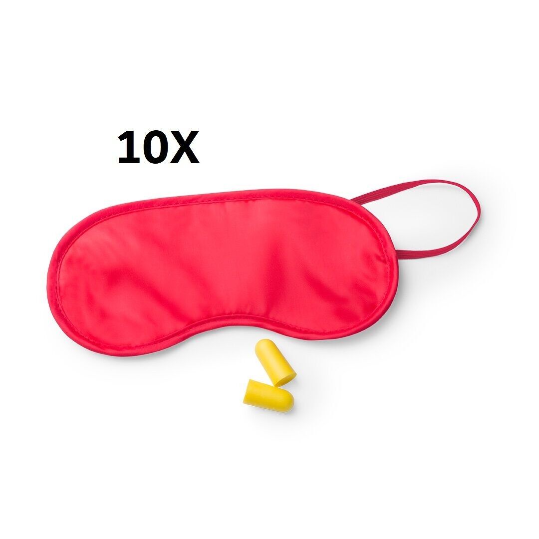 10 X RED TRAVEL SET OF MASK AND EARPLUGS. MASK IN SOFT AND COMFORTABLE MICROFIBER WITH ELASTIC ADJUSTMENT IN MATCHING COLOR. PAIR OF EARPLUGS IN COMFORTABLE EVA MATERIAL.