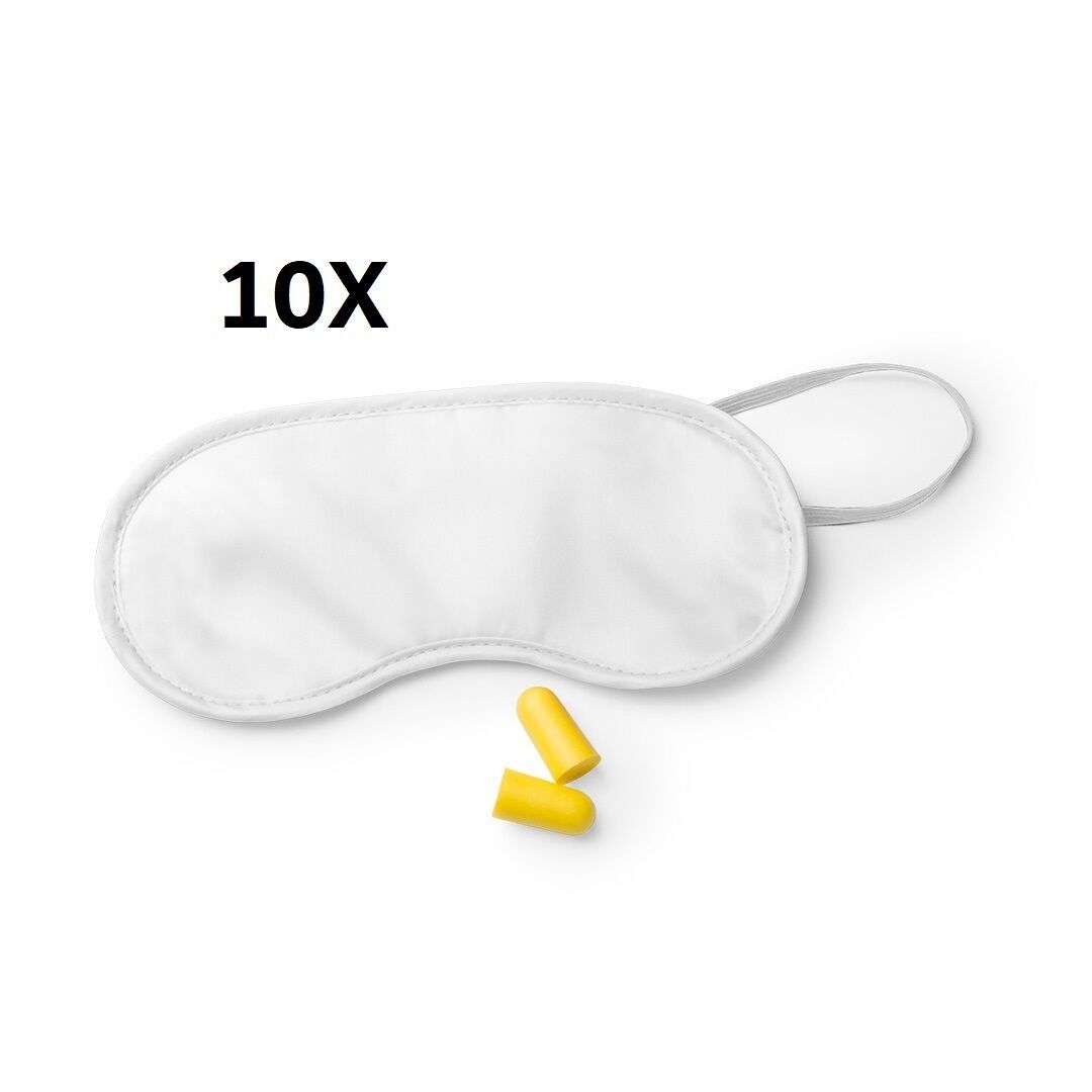 10 X WHITE TRAVEL SET OF MASK AND EARPLUGS. MASK IN SOFT AND COMFORTABLE MICROFIBER WITH ELASTIC ADJUSTMENT IN MATCHING COLOR. PAIR OF EARPLUGS IN COMFORTABLE EVA MATERIAL.