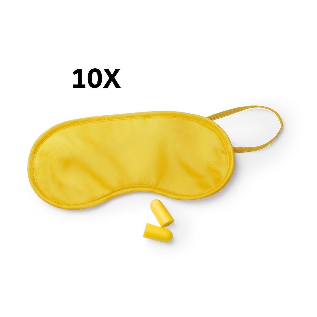 10 SET DA VIAGGIO GIALLO CON MASCHERINA E TAPPI PER LE ORECCHIE. MASCHERINA IN MICROFIBRA MORBIDA E CONFORTEVOLE CON REGOLAZIONE ELASTICA IN COLORE ABBINATO. COPPIA DI TAPPI PER LE ORECCHIE IN COMODO MATERIALE EVA.