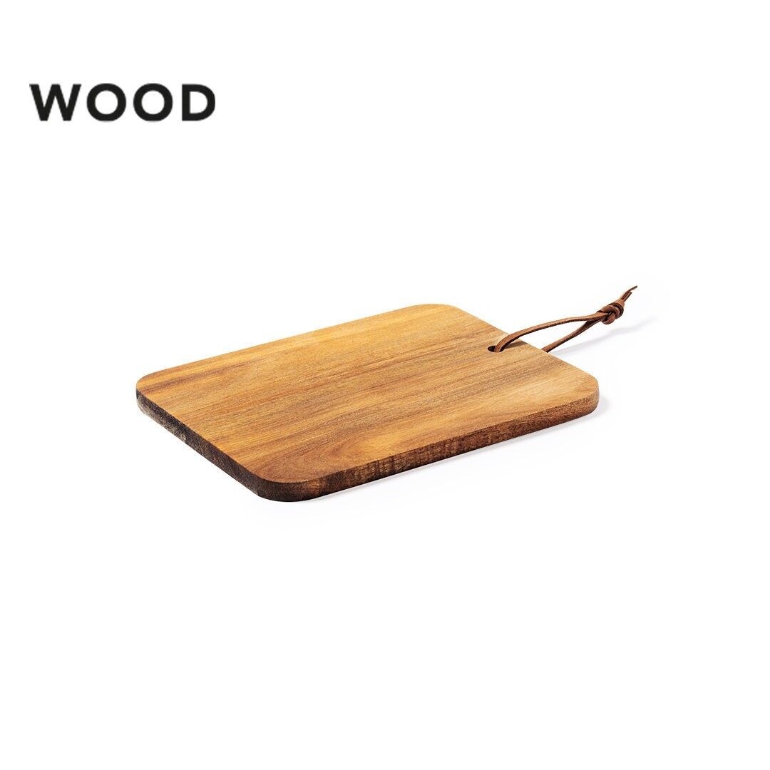 CUTTING AND PRESENTATION BOARD MADE OF NATURAL WOOD. IN RECTANGULAR FORMAT, WITH MATCHING CORD IN DURABLE PU LEATHER.15.3 X 20 X 1 CM | 180 GR.