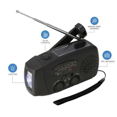 RADIO MULTIFONCTION D'URGENCE COMPREND : RADIO DOUBLE BANDE : FM / AM - TORCHE LED AVEC MODE SOS - PANNEAU DE CHARGE SOLAIRE - CHARGE MANUELLE AVEC SYSTÈME DYNAMO RÉGLABLE À 360° - BATTERIE RECHARGEABLE 2000 MAH